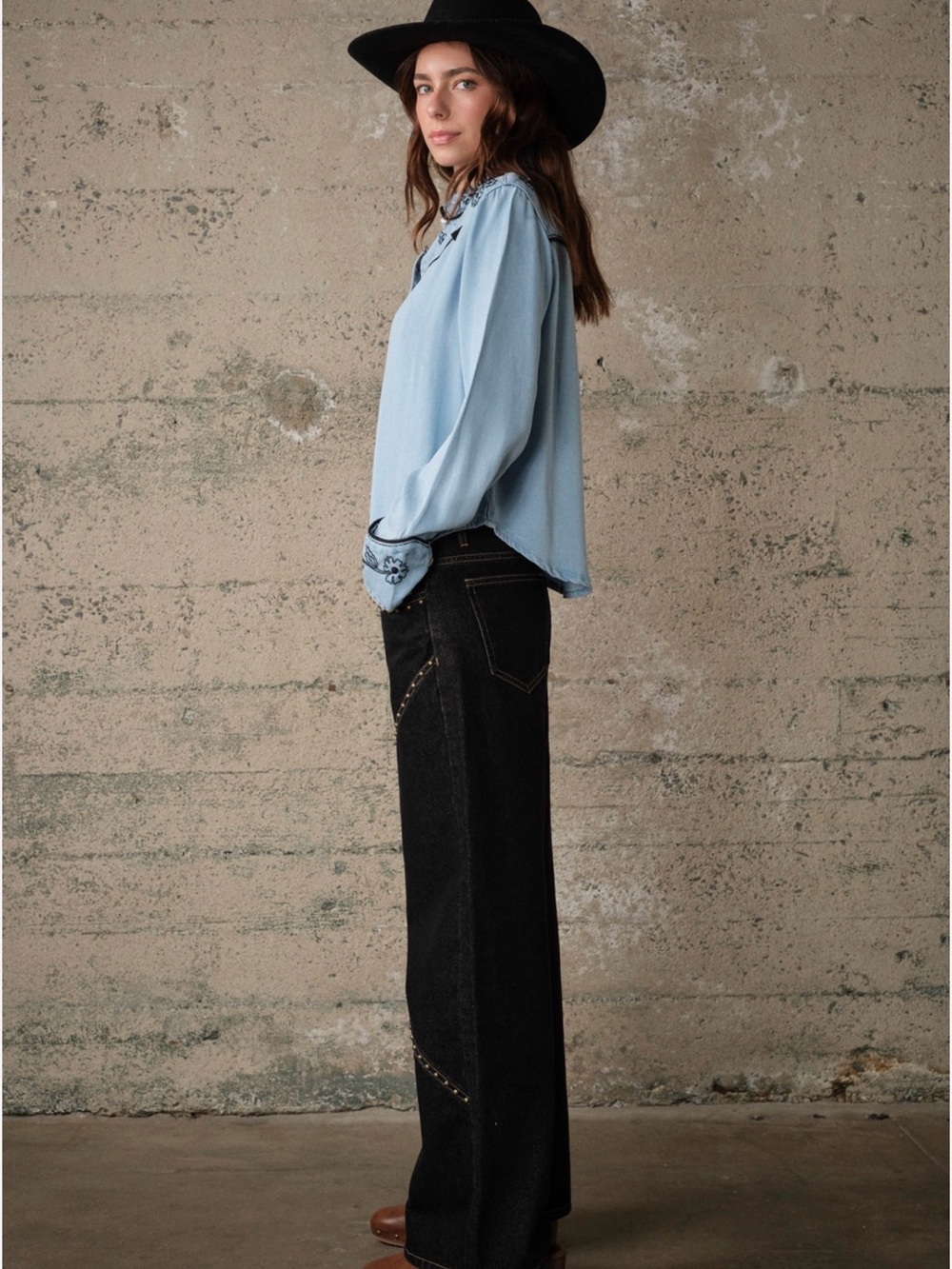 Western Wide Leg Black Jeans with Stud Detail - Women - Picture 7 of 9